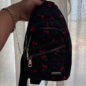 Cherry Print Quilted Black Backpack